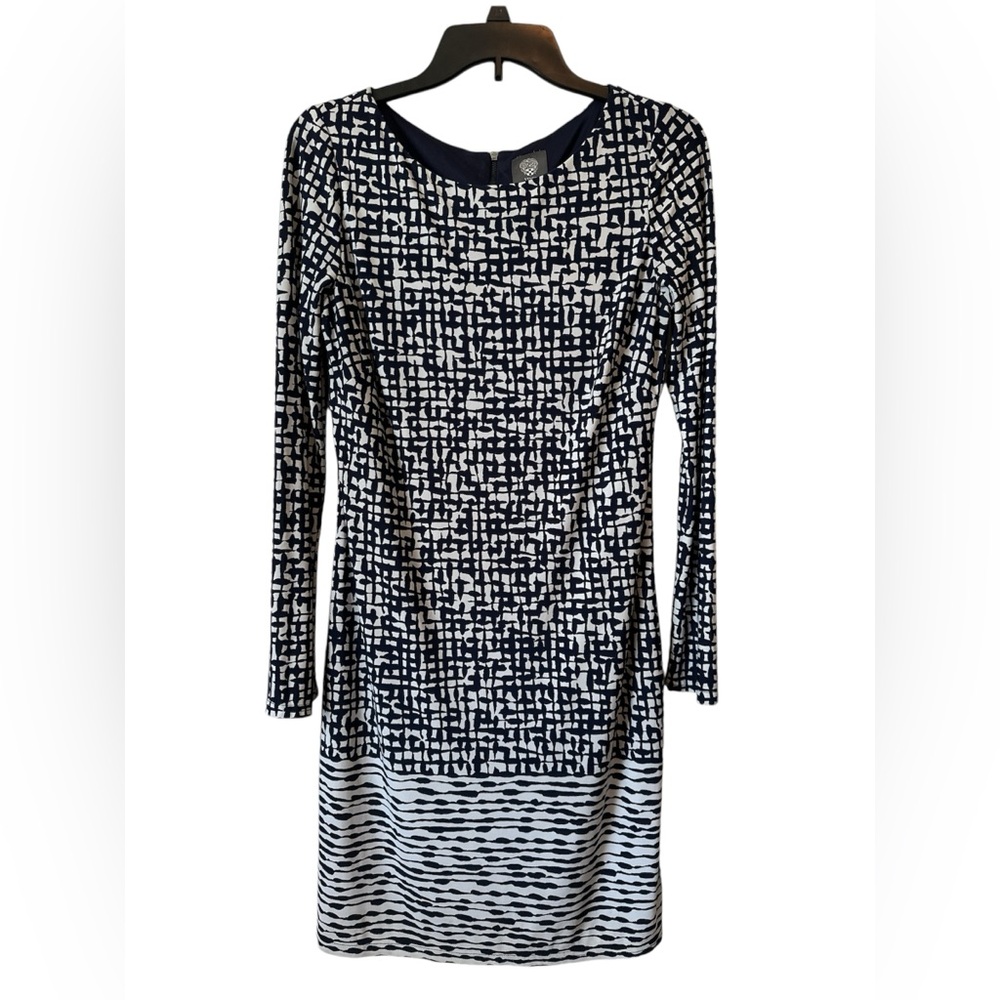 Vince Camuto Navy Blue/ White Geometric Print Long Sleeve Shift Dress Size 6